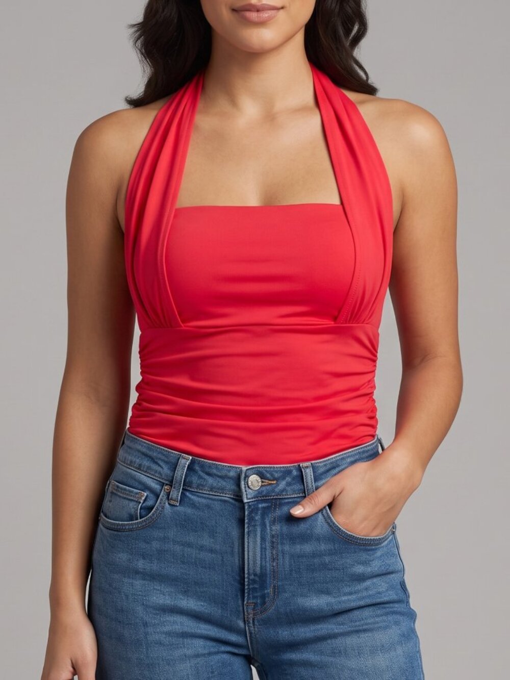 NWOT | Cherry Red | Ruched Halter Neck Tie-Up Top | Small